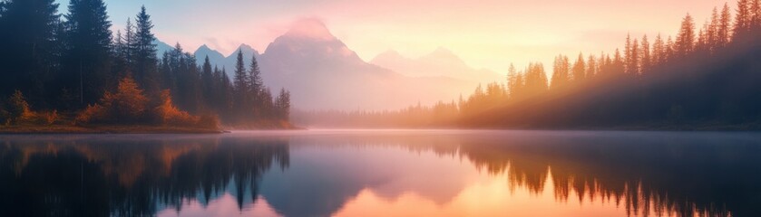 Obraz premium A stunning sunrise reflecting over a tranquil lake, surrounded by majestic mountains and lush forests, creating a serene natural landscape.