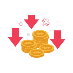 Finance Loss Concept, Dollar Coins with Red Arrow Vector Illustration