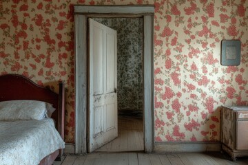 An old room with floral wallpaper and a doorway. This image is perfect for illustrating stories of the past or depicting themes of nostalgia and decay.