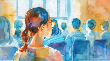 A young woman with glasses sits attentively, listening to a classroom presentation with classmates in soft watercolor hues