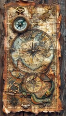 Obraz premium Antique Compass and Map with Sea Dragons