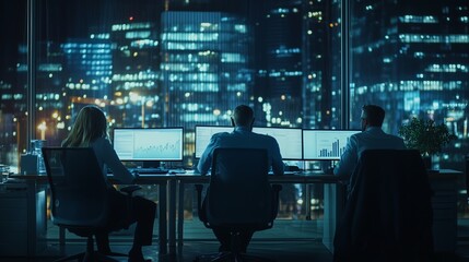 Professionals analyze data and discuss strategies at night in a high-rise office overlooking a vibrant cityscape