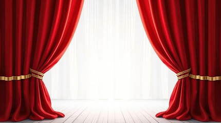 Realistic red velvet curtains opening on transparent background