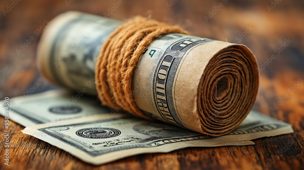 Wall mural Rolled Up US Dollar Bills Tied with Rope on Wooden Background