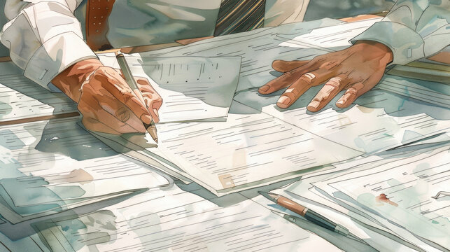A businessman focuses on reviewing and signing essential documents on his office desk as sunlight brightens the workspace