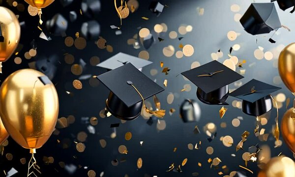 Graduation Celebration with Golden Balloons and Confetti