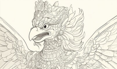 Line art illustration of a Golden Garuda sculpture