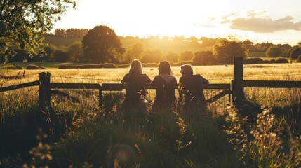 Obraz premium Group of friends sitting on a gate in a field