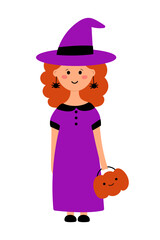 Cute witch in purple costume with pumpkin bag hand drawn flat vector isolated on white background.