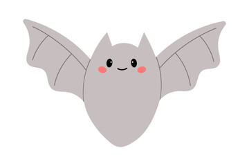 Cute bat with wide wings and smiling face hand drawn vector illustration isolated on white.
