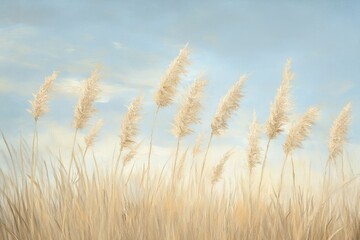 Oil painting depicting dry yellow gray reeds against a sky backdrop showcasing a serene natural scene with subtle color tones