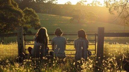 Group of friends sitting on a gate in a field