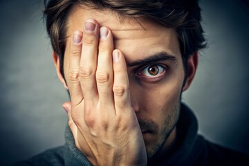 Fototapeta premium Behind a curtain of fingers, a dimly lit eye peers out, a calculated attempt to obscure authenticity and