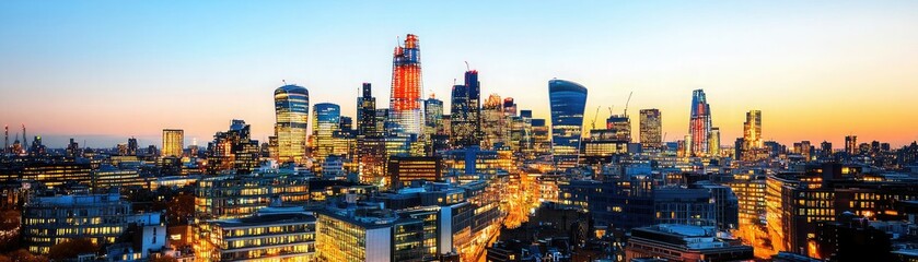 Fototapeta premium Panoramic view of a vibrant city skyline at sunset, showcasing modern architecture and colorful lights against a twilight sky.