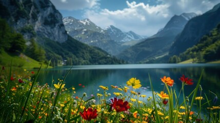 Landscape with flowers, lake and mountains