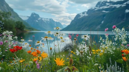 Landscape with flowers, lake and mountains