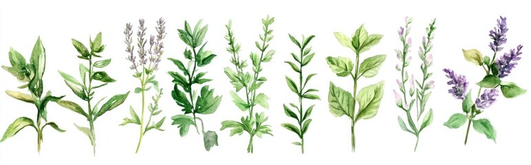 Fototapeta premium Explore the Beauty of Culinary Herbs in Watercolor: A Botanical Journey Through Nature's Colors