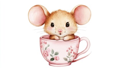 Charming Watercolor Mouse in a Floral Teacup &ndash; Adorable Whimsical Art Perfect for Children's Decor