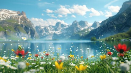 Landscape with flowers, lake and mountains