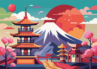 Fototapeta premium Japanese Illustration Traditional Pagoda, Mount Fuji, and Cherry Blossoms background