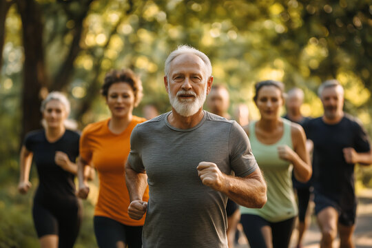 Group of senior people doing exercise at the park. Sport workout, health and lifestyle concept