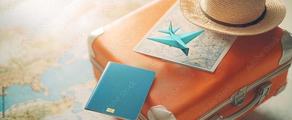 Wall mural Orange Suitcase with Passport, Paper Airplane, Hat, and Map