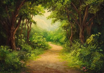 Obraz premium Oil painting depicting a path leading into a lush forest