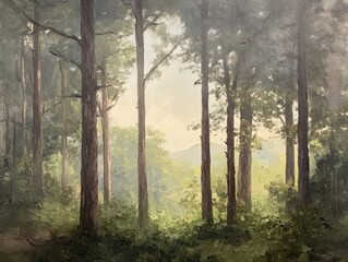 Obraz premium Oil painting showcasing breathtaking views of lush woodlands with towering trees set against a misty sky highlighting the beauty of nature