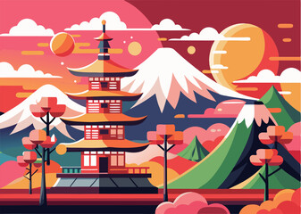 Japanese Illustration Traditional Pagoda, Mount Fuji, and Cherry Blossoms background