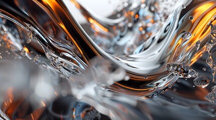 Abstract liquid with swirling waves and droplets, shimmering in shades of silver, gold and blue.