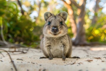 Obraz premium Curious quokka on sandy beach with vibrant greenery in background AI