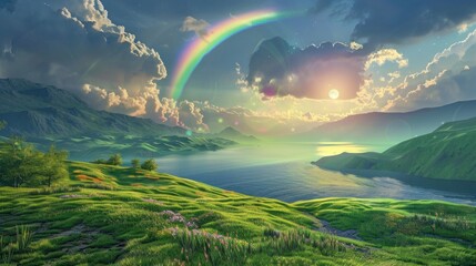 Obraz premium Landscape with moon and green hills of flood meadows. 3d render evening rainbow