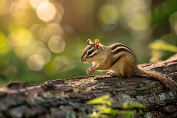 Obraz premium Chipmunk in sunlit forest with bokeh background in tranquil nature setting AI
