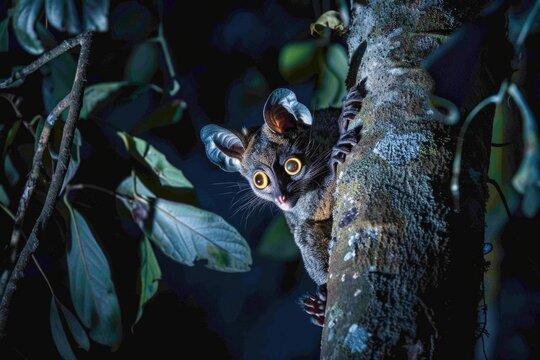 Nocturnal galago perched on branch in dense african forest AI