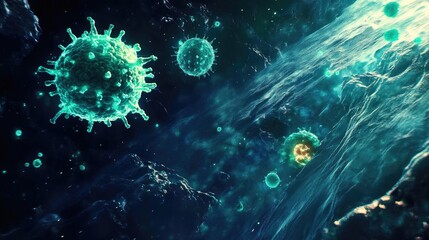 A vivid illustration of microscopic viruses in an abstract space, showcasing the intricate details and colors of microbial life.