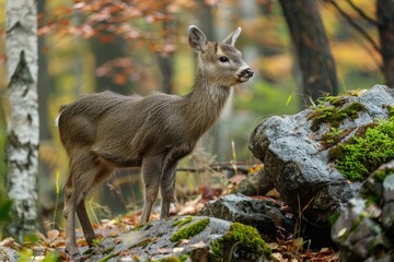 Fototapeta premium Siberian musk deer in snow-covered taiga forest scene for winter wildlife exploration AI