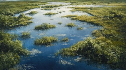 Aerial view of natural marshland depicted in an oil painting showcasing the beauty of diverse wetlands