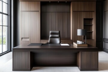 Sophisticated executive office featuring a large wooden desk, leather chair, and elegant dark wood paneling for a professional look.