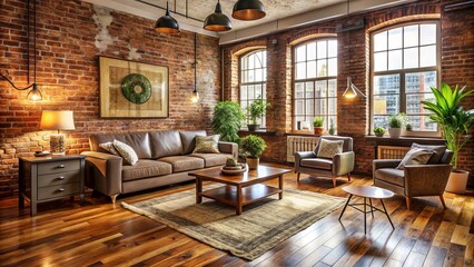 Cozy living room combines exposed brick wall's rustic charm with hardwood floors' warm glow, perfect setting for