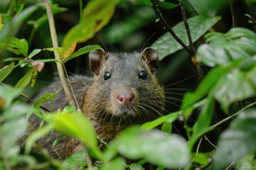 Curious agouti nestled among lush green foliage in a tropical rainforest scene AI