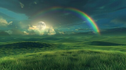 Naklejka premium Landscape with moon and green hills of flood meadows. 3d render evening rainbow