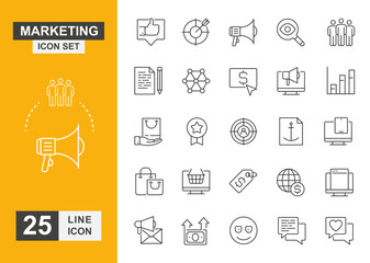 Marketing icon set. Analysis, businessman, client, ideas and more line icon.