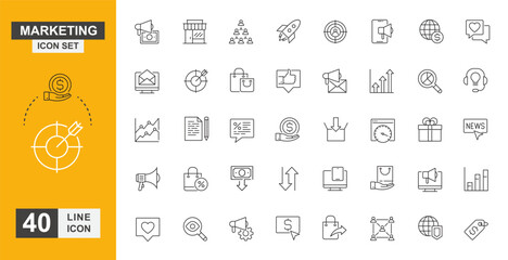 Marketing icon set. Teamwork, connection, target, networking and more line icon.
