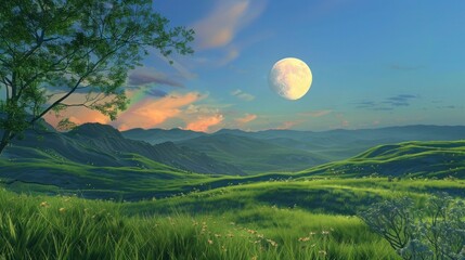 Landscape with moon and green hills of flood meadows. 3d render evening rainbow
