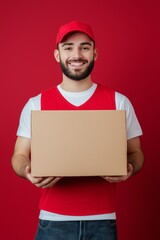 A man in a red shirt and white hat is holding a cardboard box. He is smiling and he is happy