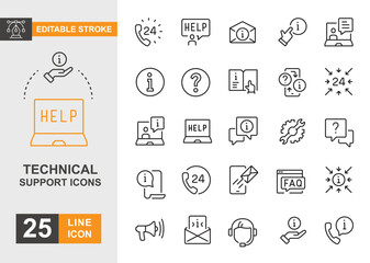 Technical support icon set. Call, help, connection, client and more line icon.