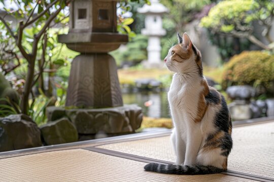 Tranquil garden scene with japanese bobtail cat in zen setting AI