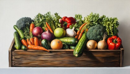 Oil painting depicting a pine box overflowing with vibrant fresh vegetables against a white background showcasing broccoli cucumber onion asparagus peppers carrots and potatoes for a nutritious di
