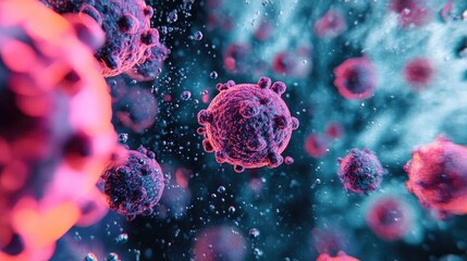 Magnified microscopic view of a virus, showcasing intricate details and vibrant colors against a blurred background.