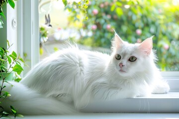 Elegant turkish angora cat relaxing on sunny window sill with lush greenery and blossoming surroundings AI